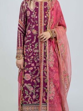 Embroidered Long Sleeve Dress with Pink Dupatta - Women's